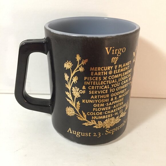 VTG Federal Milk Glass Mug Zodiac Sign Virgo  The Virgin Black Gold Coffee Cup - Picture 4 of 6